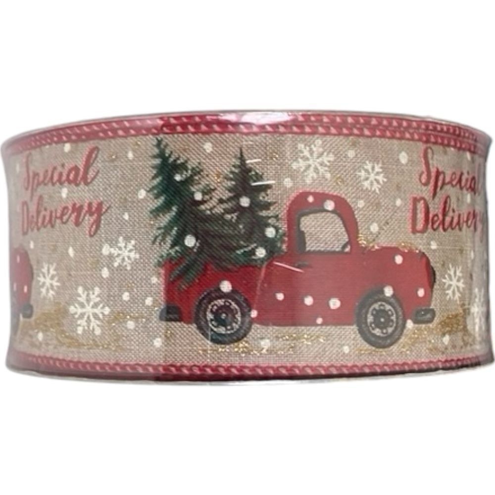Red Truck Christmas Tree Presents 2.5 inch x 50 Yards, Premium Wired Ribbon New! - Picture 3 of 4